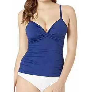 Ralph Lauren Tankini Swim Top Womens 16 Blue Adjustable Strap Padded Ruched